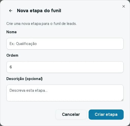 Janela Nova etapa do funil com os campos Nome, Ordem e Descrição