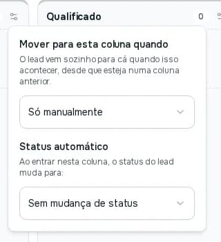 Janela Automação da coluna com as opções Mover para esta coluna quando e Status automático