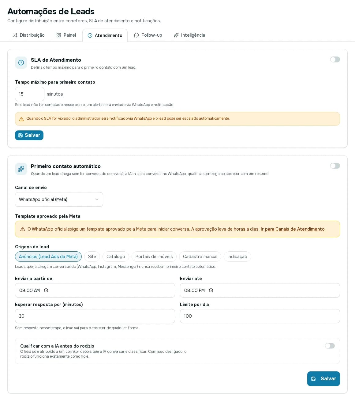 Aba Atendimento com o SLA de Atendimento e o Primeiro contato automático