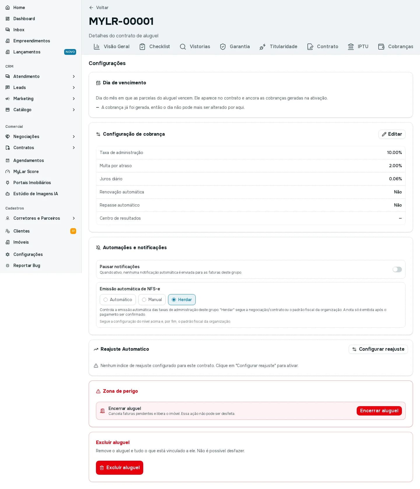 Aba Configurações de um aluguel, com dia de vencimento, configuração de cobrança, automações, reajuste automático e zona de perigo