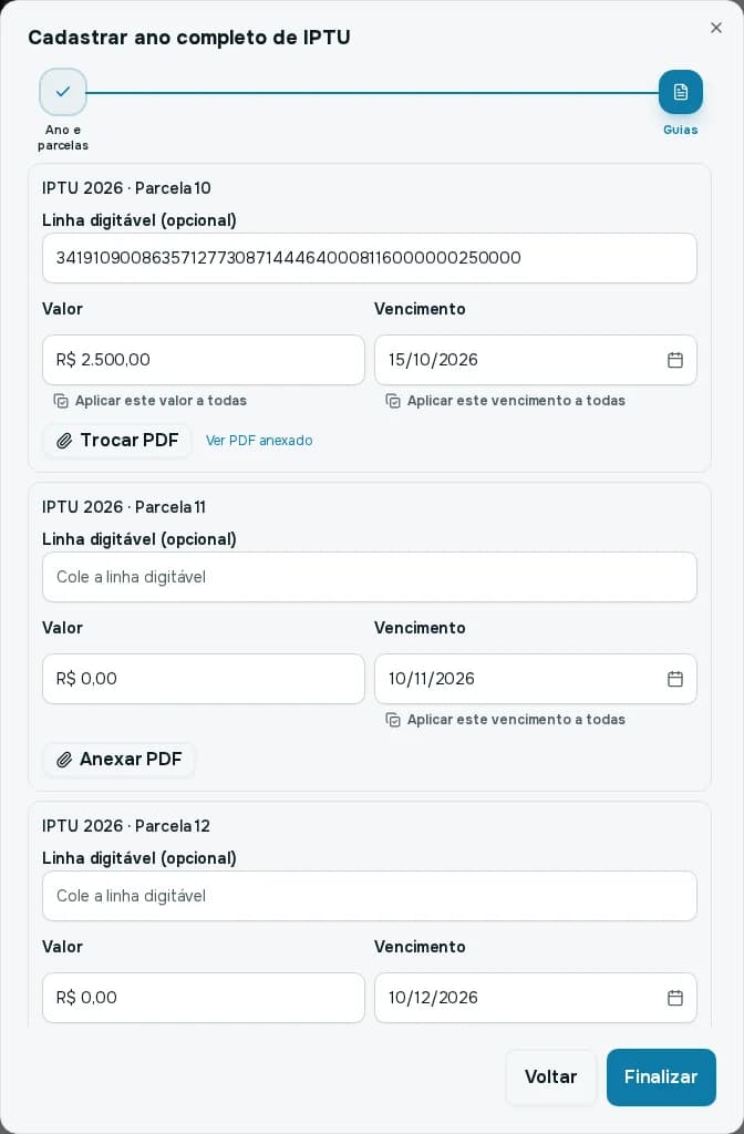Janela Cadastrar ano completo de IPTU, passo Guias, com a parcela 10 já preenchida a partir do PDF e as parcelas 11 e 12 em branco