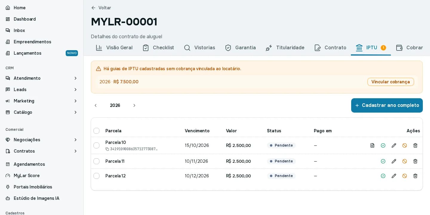 Aba IPTU com as três guias de 2026, o aviso de guias sem cobrança vinculada e os ícones de ação de cada linha
