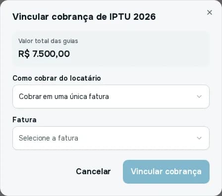 Janela Vincular cobrança de IPTU 2026, com o valor total das guias e a escolha de como cobrar do locatário