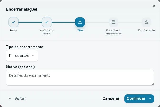 Passo Tipo do assistente, com o tipo de encerramento Fim de prazo e o campo Motivo