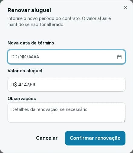 Janela Renovar aluguel, com nova data de término, valor do aluguel e observações