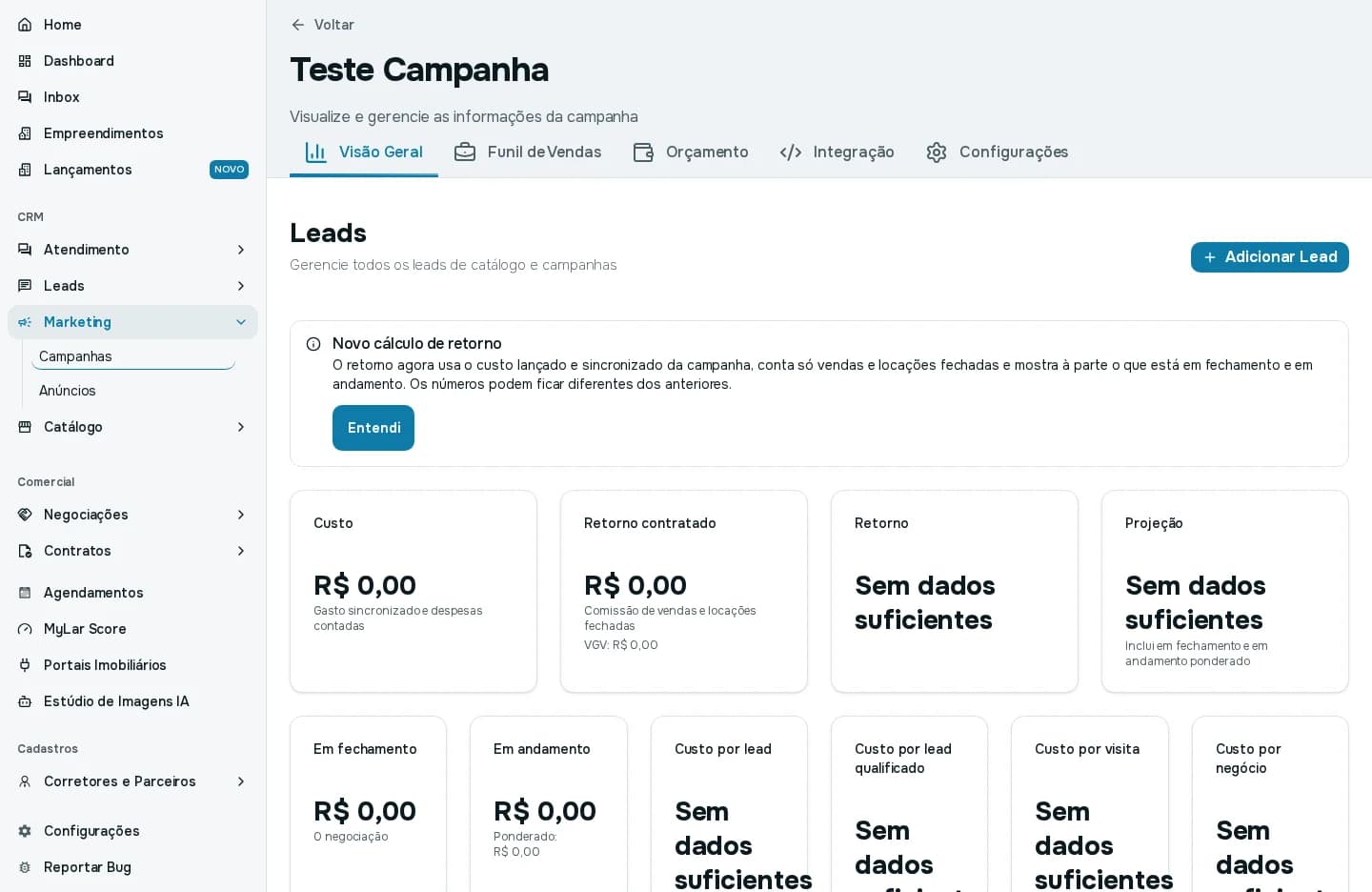 Visão Geral de uma campanha com os cartões Custo, Retorno contratado, Retorno e Projeção
