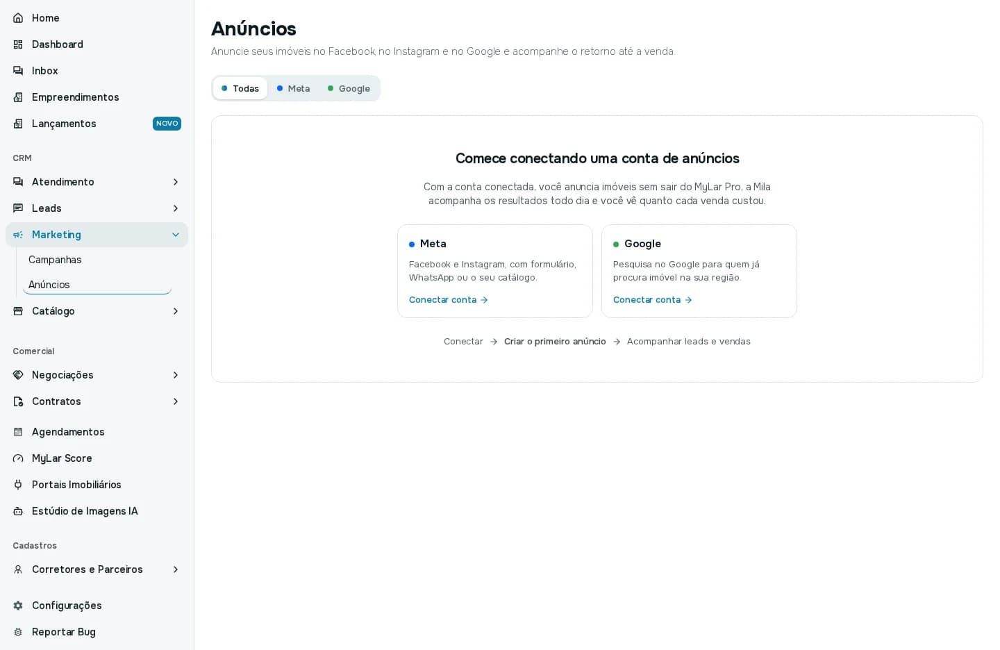 Tela Anúncios sem conta conectada, com as opções Meta e Google e os botões Conectar conta