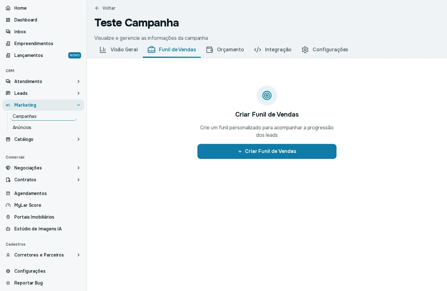 Aba Funil de Vendas de uma campanha ainda sem funil, com o botão Criar Funil de Vendas