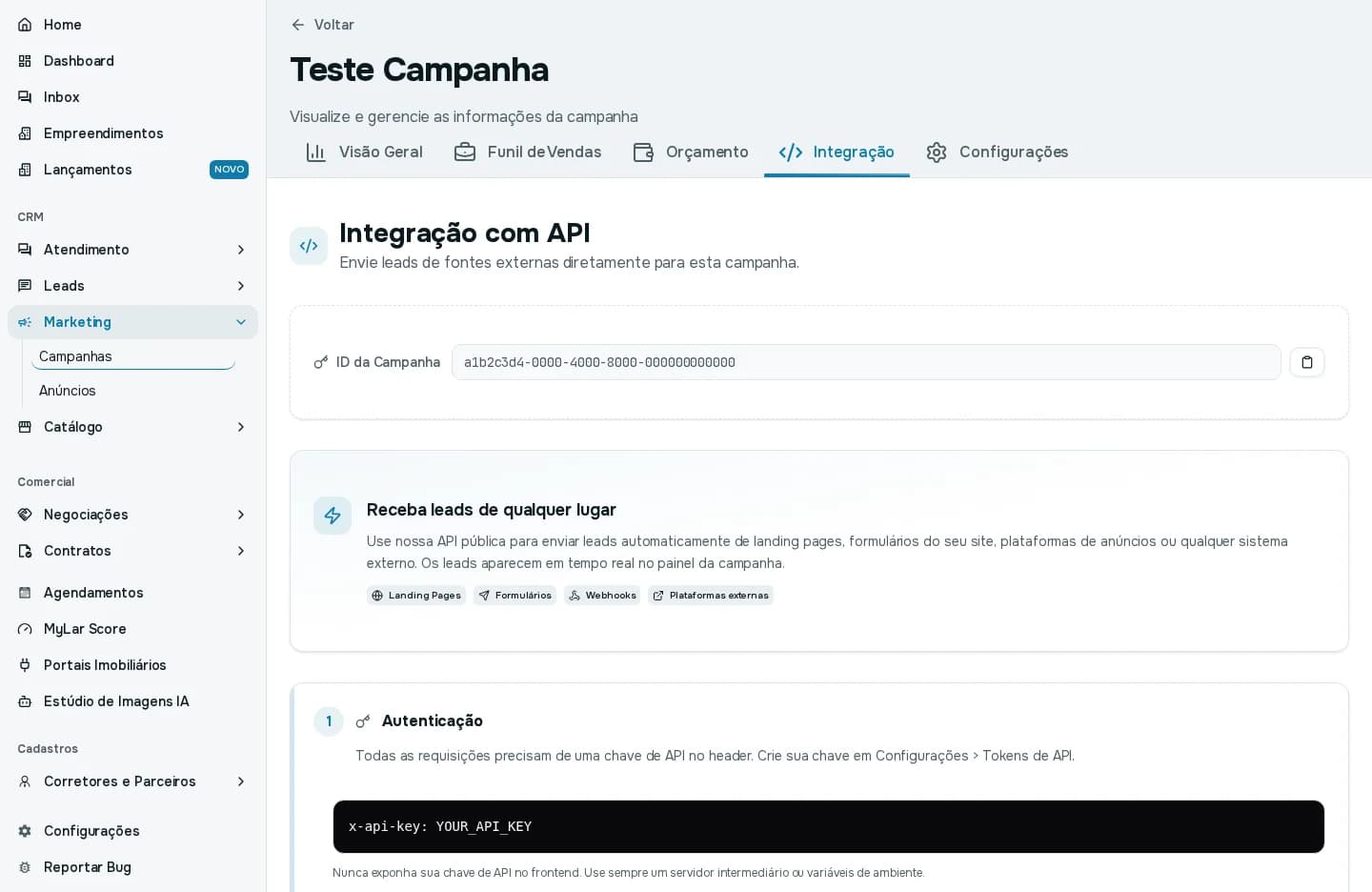 Aba Integração da campanha com o ID da campanha e as instruções de autenticação e do endpoint de criação de lead