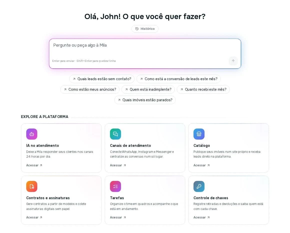 Home com a saudação, a caixa Pergunte ou peça algo à Mila, perguntas sugeridas e os cartões Explore a plataforma