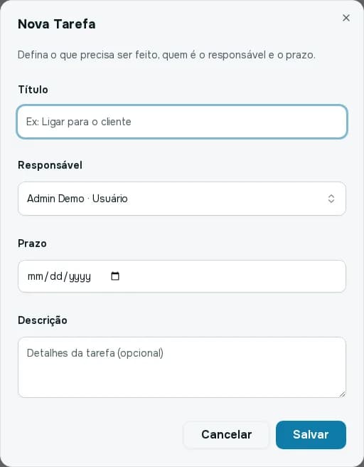 Janela Nova Tarefa com título, responsável, prazo e descrição