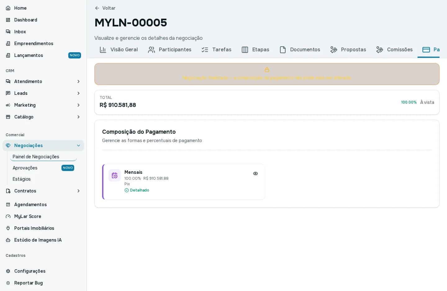 Aba Pagamento com o total da venda e a composição de pagamento em parcelas mensais por Pix