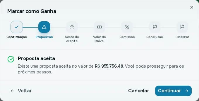 Assistente Marcar como Ganha no passo Propostas, informando que existe uma proposta aceita