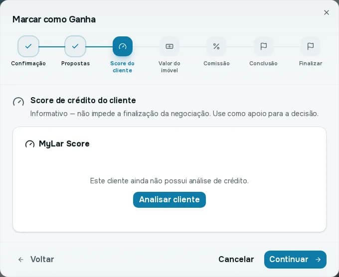 Passo Score do cliente informando que o cliente ainda não possui análise de crédito, com o botão Analisar cliente