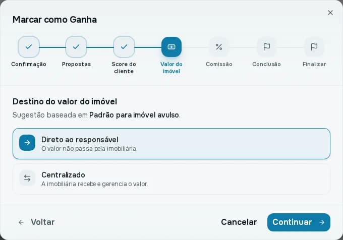 Passo Valor do imóvel com as opções Direto ao responsável e Centralizado