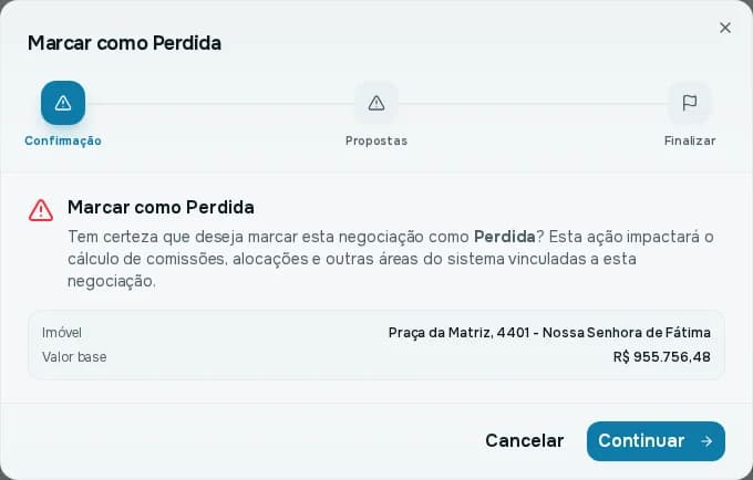 Assistente Marcar como Perdida com o imóvel, o valor base e os botões Cancelar e Continuar