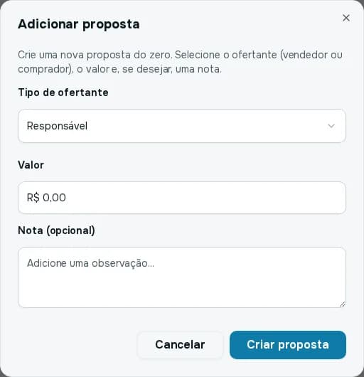 Janela Adicionar proposta com tipo de ofertante, valor e nota