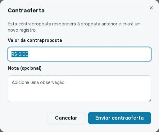 Janela Contraoferta com valor da contraproposta e nota