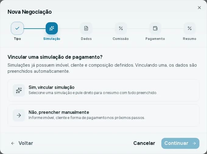 Passo Simulação do assistente de venda de empreendimento, com as opções Sim, vincular simulação e Não, preencher manualmente