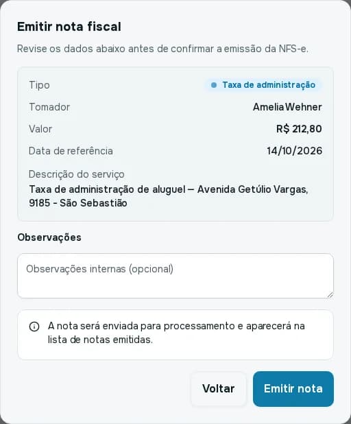 Janela Emitir nota fiscal com tipo, tomador, valor, data de referência, descrição do serviço, observações e o aviso de que a nota será enviada para processamento