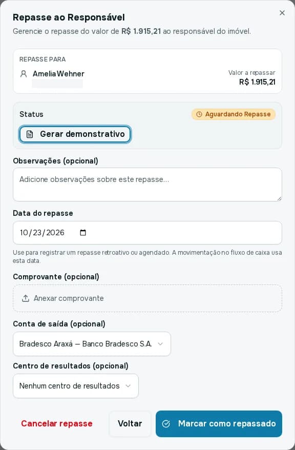 Janela Repasse ao Responsável com valor, status, observações, data, comprovante, conta de saída e centro de resultados