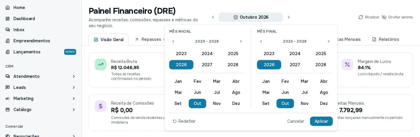Seletor de período aberto, com os blocos Mês inicial e Mês final e os botões Redefinir, Cancelar e Aplicar