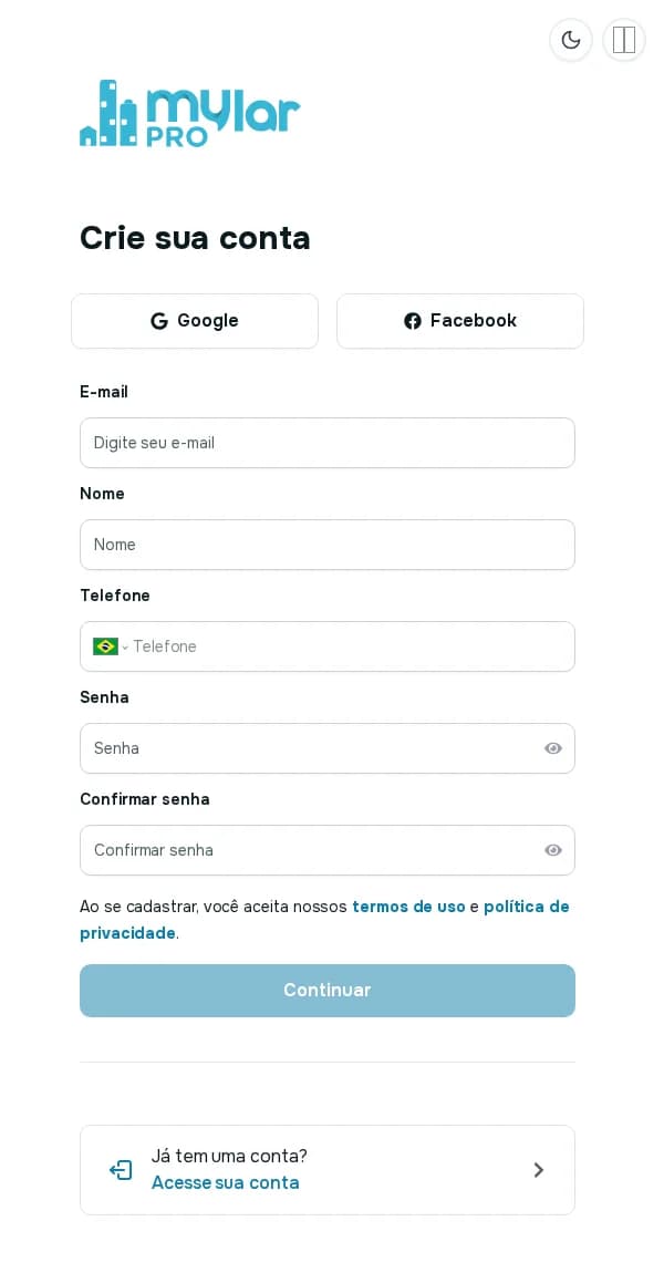 Tela Crie sua conta com os campos E-mail, Nome, Telefone, Senha e Confirmar senha e o botão Continuar