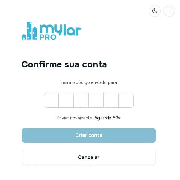 Tela Confirme sua conta com seis caixas para o código, o link Enviar novamente e os botões Criar conta e Cancelar