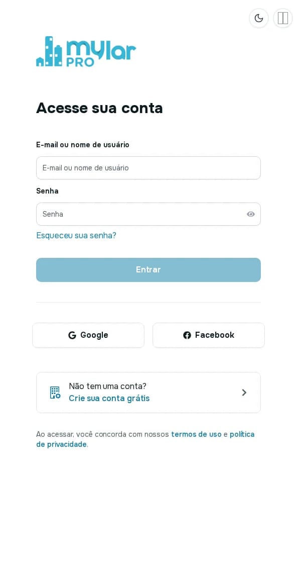 Tela Acesse sua conta com os campos E-mail ou nome de usuário e Senha, o botão Entrar e o link Esqueceu sua senha