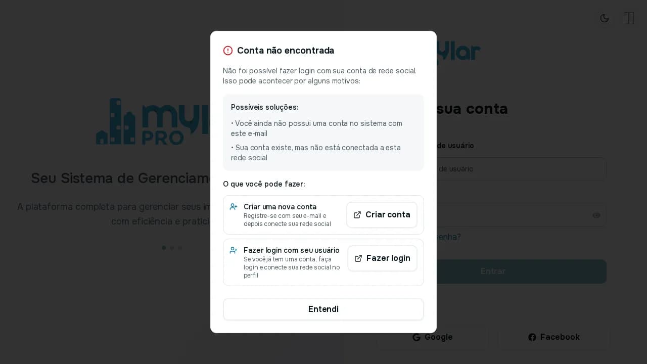 Janela Conta não encontrada com as opções Criar uma nova conta e Fazer login com seu usuário e o botão Entendi