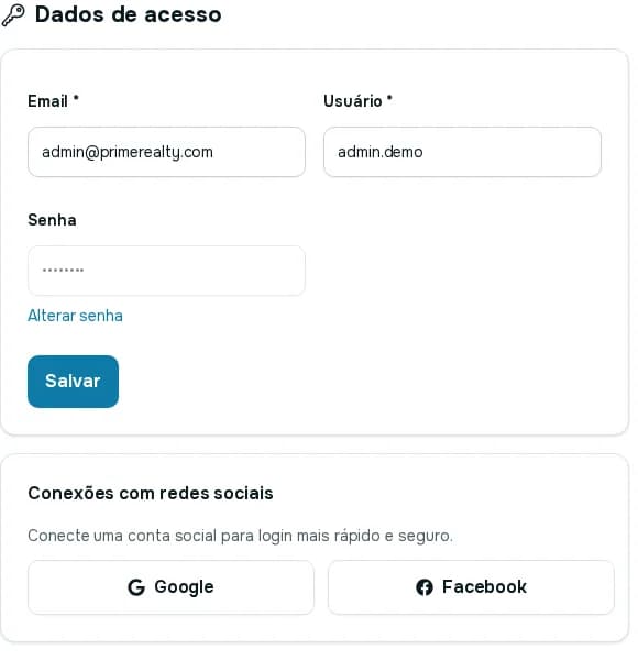 Cartão Conexões com redes sociais com os botões Google e Facebook