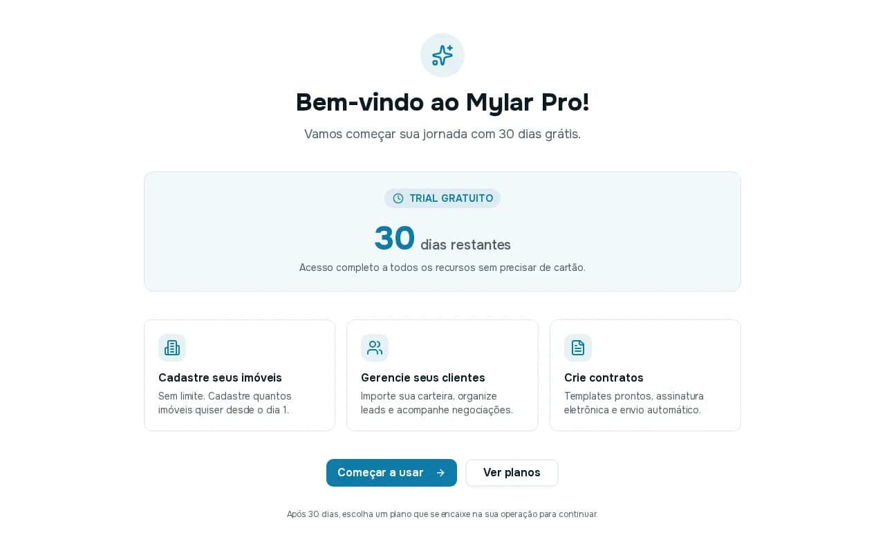 Tela Bem-vindo ao MyLar Pro com o contador de dias do teste gratuito, três destaques e os botões Começar a usar e Ver planos