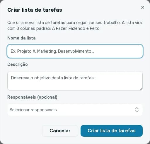 Janela Criar lista de tarefas com os campos Nome da lista, Descrição e Responsáveis
