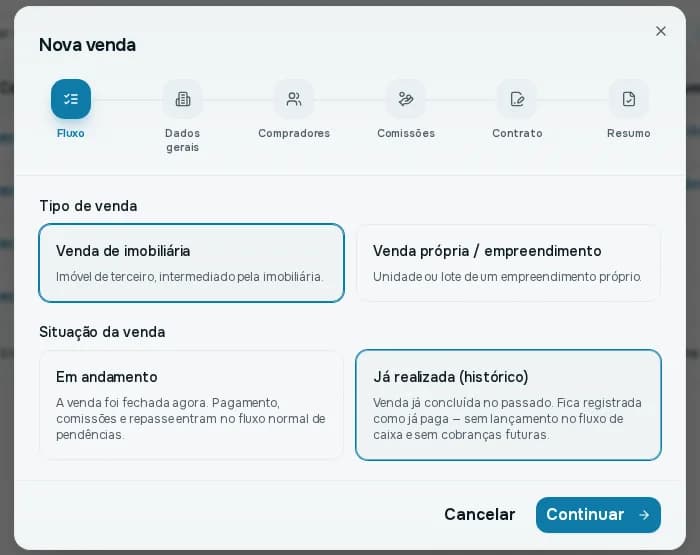 Primeiro passo do assistente Nova venda, com as opções de tipo e situação da venda