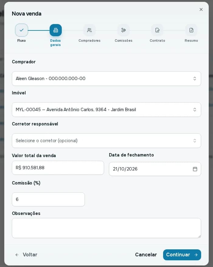 Passo Dados gerais do assistente Nova venda, com comprador, imóvel, corretor, valor total, data de fechamento e comissão