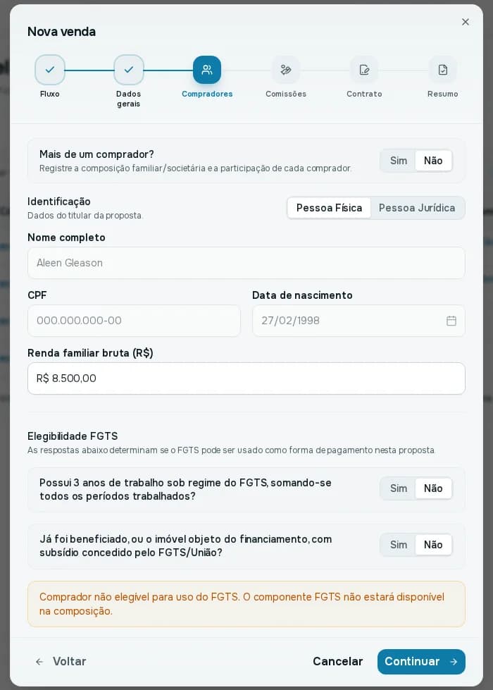 Passo Compradores com identificação, renda familiar e perguntas de elegibilidade ao FGTS