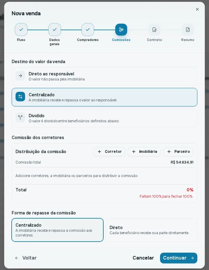 Passo Comissões com destino do valor da venda, distribuição da comissão e forma de repasse