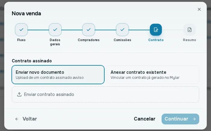 Passo Contrato com as opções de enviar novo documento ou anexar contrato existente