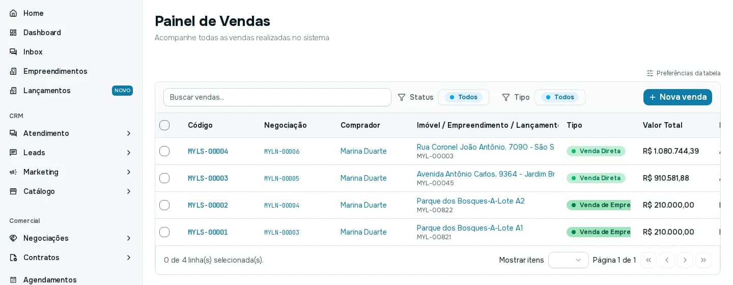 Painel de Vendas com a tabela de vendas, filtros de status e tipo e o botão Nova venda