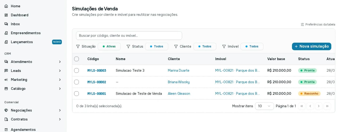 Lista de simulações com código, nome, cliente, imóvel, valor base e status