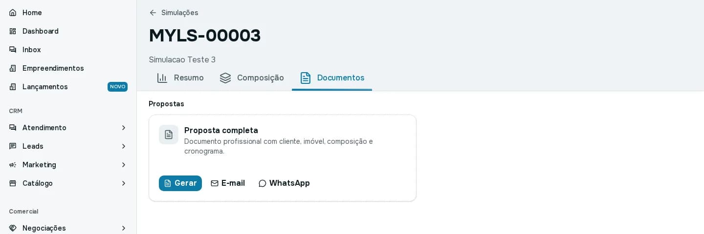 Aba Documentos com a Proposta completa e os botões Gerar, E-mail e WhatsApp