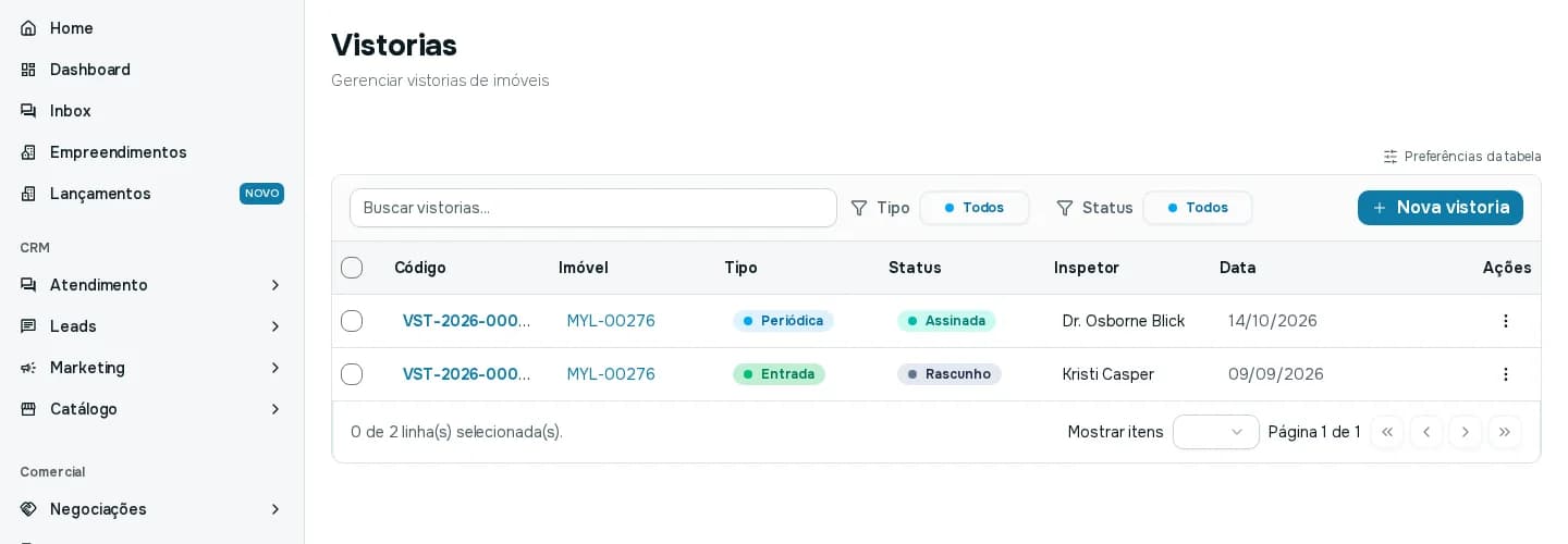 Tela Vistorias com a tabela de vistorias, os filtros de tipo e status e o botão Nova vistoria