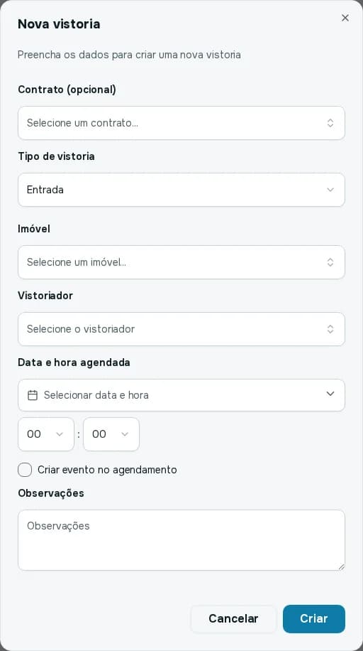 Janela Nova vistoria, com contrato, tipo, imóvel, vistoriador, data e hora, criar evento no agendamento e observações